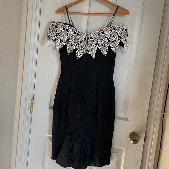 vintage scott mcclintock black brocade white lace off the shoulder dress - Picture 6 of 13
